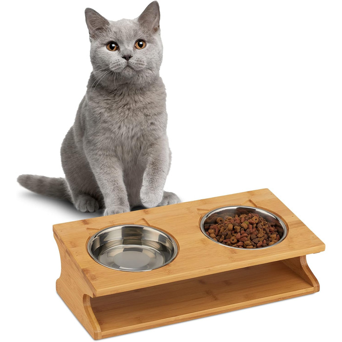 Підставка для корму Relaxdays для котів та маленьких собак, 2 миски по 300 мл, піднята, бамбук та нержавіюча сталь, 12x39x19,5 см, натуральний колір/срібло