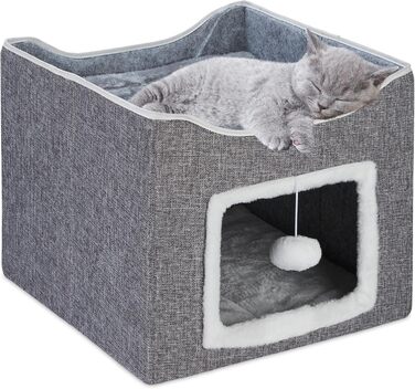 Будиночок для котів Relaxdays, 32x40x40 см, з іграшкою, кігтеточкою, 2 подушками, складаний, сірий