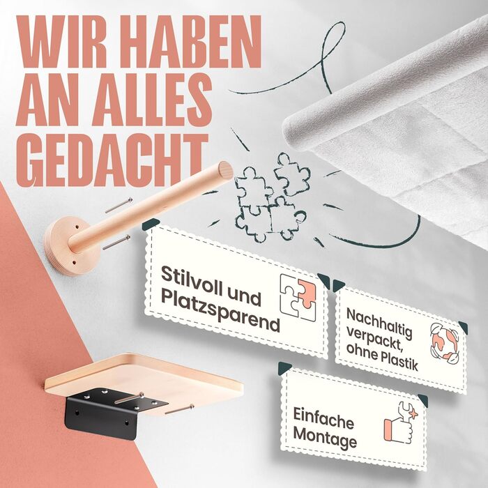 Кігтеточка-стіна Curious Paw для котів з гамаком - великі сходи з бука (Made in Germany), 2 сходи та гамак