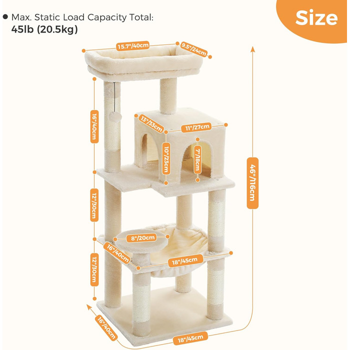 Комплекс для котів PAWZ Road з гамаком, будиночком та 6-ти ярусними полицями, 143 см