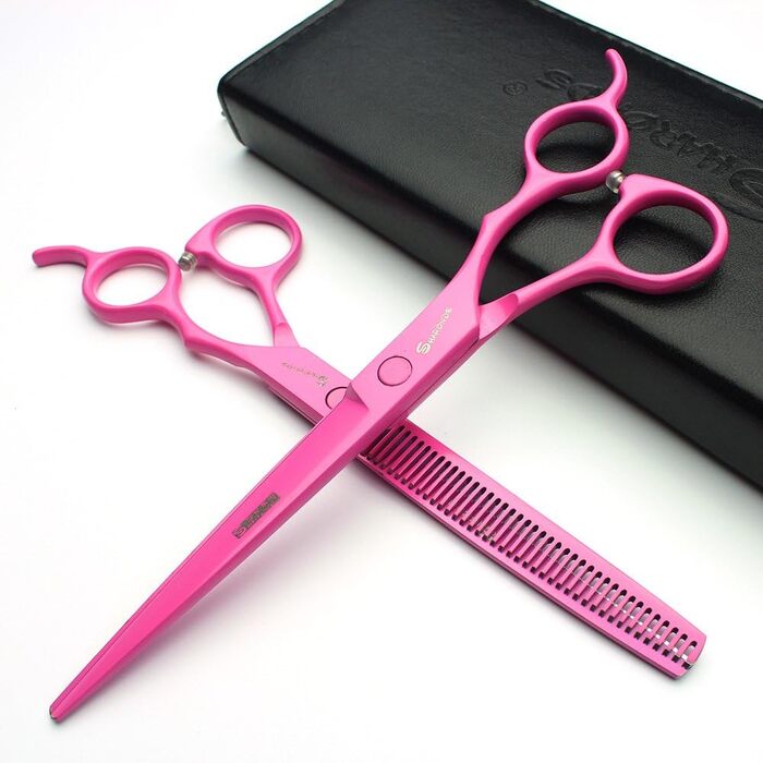 Професійні ножиці для грумінгу собак 7/7.5 дюймів (2 шт.) з розріджувачем, Японія, 440C сталь, рожеві