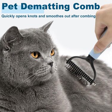 Двостороння щітка для видалення підшерстка для собак та котів, 2-в-1, синій котячий дизайн, видаляє ковтуни та шерсть