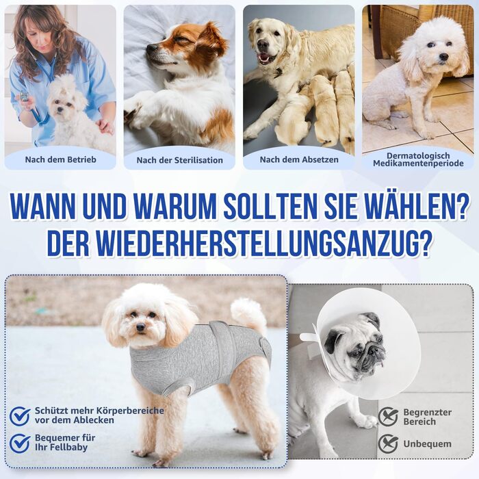 Захисний одяг для собак після операції: комбінезон з блискавкою та липучкою, анти-витікання та захист ран, дихаючий, для собак після операції (Сірий, M)