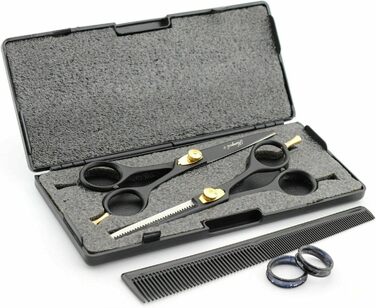 Набір професійних перукарських ножиць Haryali London, 15.2 см, чорний, з регулюванням натягу, для текстуризації та розрідження волосся, у подарунковому етолі