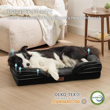 Ортопедичне ліжко для собак BEDSURE - 89x63 см, чорне. Зручне ліжко-софа для середніх собак з ефектною формою, з ортопедичною піною, миється, не ковзає. Розміри: 89 x 63 x 17 см