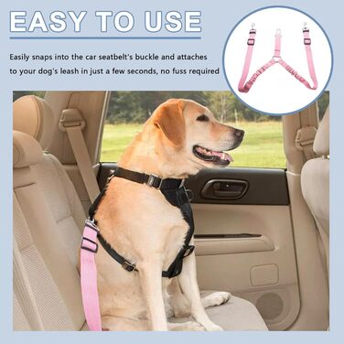 Ремінь безпеки для собак у машину, подвійний, еластичний, регульований, з амортизатором та карабіном для маленьких та середніх собак (рожевий)