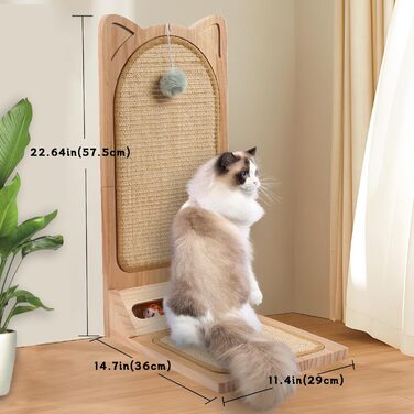 Котячий когтетоп MALOROY з масивного дерева, 58 см, L-подібний когтетоп з картону, стійкий, з іграшкою-м'ячиком, для стіни та кута