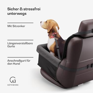Автокрісло для собак середніх та маленьких порід Gütewerk, стабільне, з безпечною шлейкою, для переднього сидіння, темно-сіре