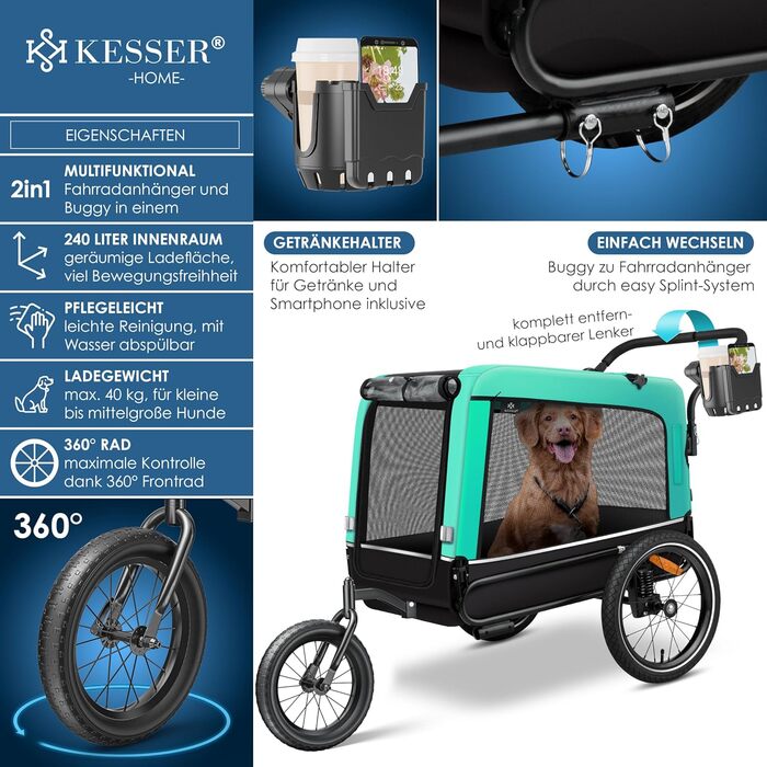 KESSER® Візок-причіп для собак Boxer 3в1: візок для прогулянок, бігу та велосипедний причіп, великий об’єм 240 л, амортизований, міцна тканина 600D Oxford, система SmartSpace, навантаження до 40 кг, з підстаканником