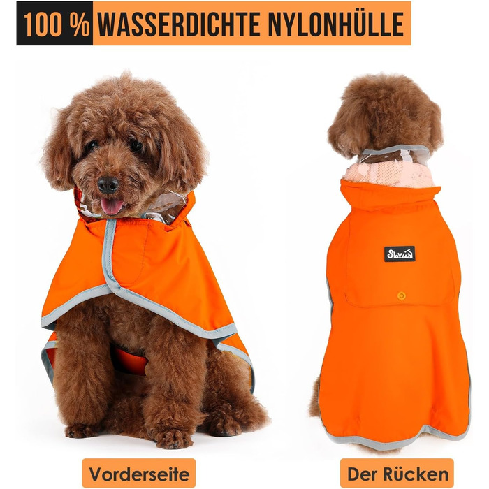 Водонепроникна дощовик для собак SowTon з капюшоном, для малих, середніх та великих собак, з світловідбиваючими смугами та сумкою для зберігання (M, Оранжевий)
