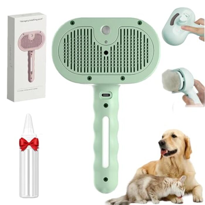 Фурмінатор Fellmoment 3-в-1: Парова щітка для тварин, для собак та котів, самоочисна, з функцією спрею (зелена з блакитним світлом)