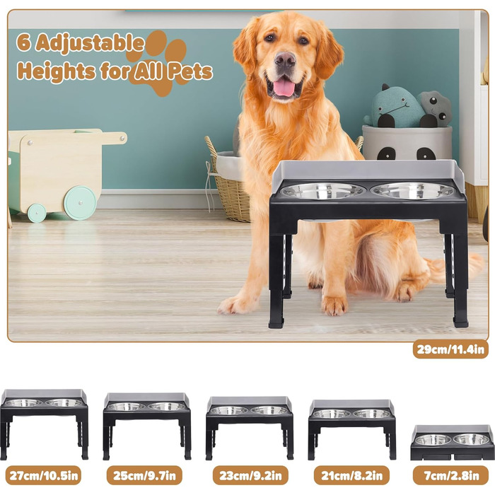 Підвищені годівниці для собак з перегородкою, 2 великі миски, регульована висота, для малих, середніх та великих собак