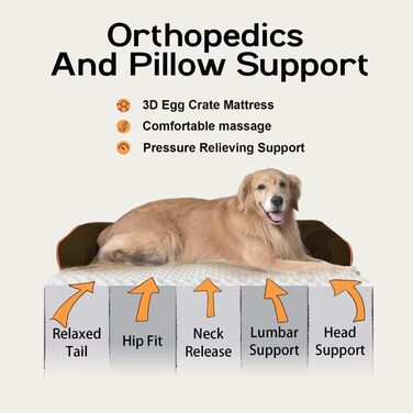Велике ортопедичне собаче ліжко з водонепроникним покриттям – знімний чохол, Memory Foam – для великих собак, ліжко з валиком для шиї, диван-ліжко, коричневе, розмір 114 x 89 x 20 см