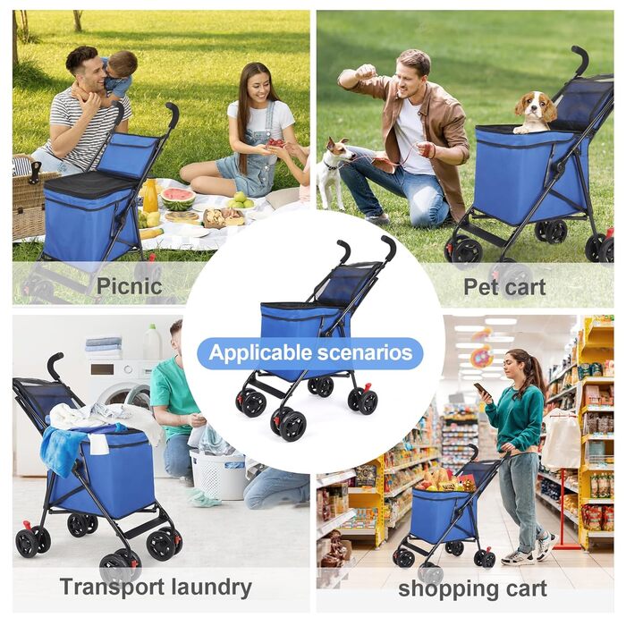 Візок для собак Wedyvko, велика місткість, для середніх собак, з пакетами для вигулу та диспенсером, кишеня для зберігання, без блискавки, легкий доступ, візок для котів/дітей (Блакитний)
