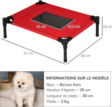 Підвищене собаче ліжко PawHut з охолоджуючим ефектом, переносна сумка, металевий каркас, оксфордська тканина, висока щільність, 92 x 76 x 18 см (червоний, 61x46x18 см)