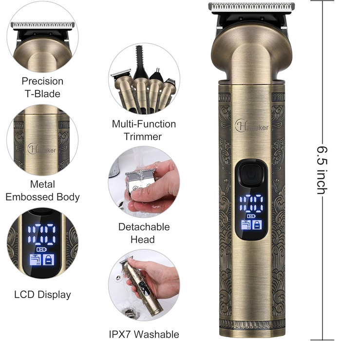 Електричний триммер Hatteker для чоловіків: професійний набір для стрижки бороди, волосся та тіла. Вологостійкий, з T-подібною насадкою, бронзового кольору