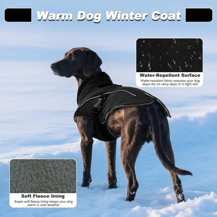 Зимовий теплий плащ для великих собак - вітронепроникний, світловідбиваючий, з флісовою підкладкою для Голден Ретрівера (Чорний, XXXL)