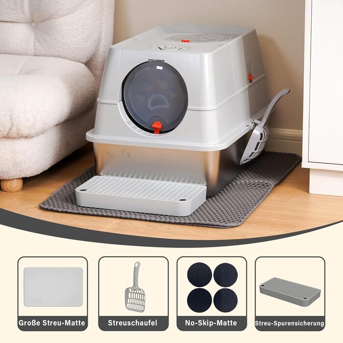 Місцезнаходження Katzenklo Edelstahl з кришкою, XXL туалет для котів закритий з двома відсіками для наповнювача, килимок для наповнювача та лопатка, двостулковий дизайн, легко чистити, утримує запах, сірий