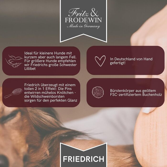 Щітка для собак Fritz & Frodewin Friedrich (маленька) | Преміум-щітка для собак з щетиною дикого кабана | Щітка для шерсті | Дерево з сертифікатом FSC | Ідеально для маленьких собак | 100% Made in Germany