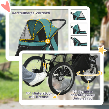 Коляска для собак PawHut Dog Buggy складна для собак і кішок до 20 кг Баггі для кішок з всюдихідними гумовими колесами Подушки Сітчасті вікна Двері Котяча коляска з кошиком для зберігання Баггі Темно-зелений | Аосом