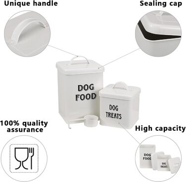 Контейнер для корму Morezi (2 шт.), з вуглецевої сталі, з герметичним кришкою та ложкою, для зберігання корму для собак, котів та інших тварин. Білий колір.