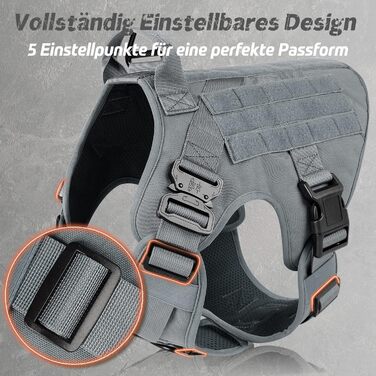 Шлейка для собак Rabbitgoo великих порід, без натягу, тактична з MOLLE, металеві пряжки, дихаюча, військова, регульована, з підкладкою, сіра, L (1 шт.)