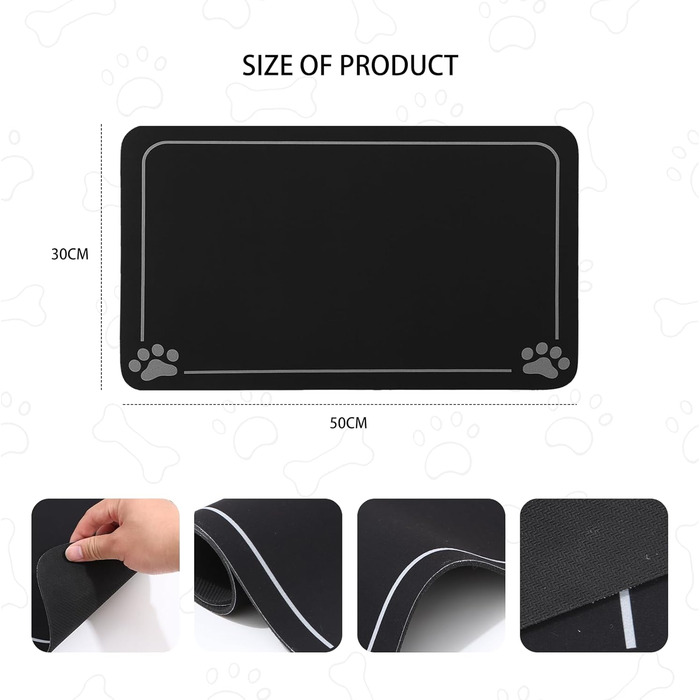 Килимок під миску для собак та котів, чорний, 30x50 см, неслизький, швидковисихаючий, легко миється