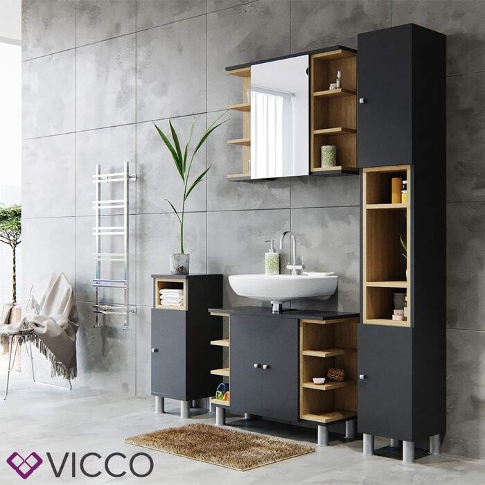 Vicco Aquis дзеркальна шафа для ванної, 30x81.8 см, антрацит, Sonoma, меблі для ванної кімнати