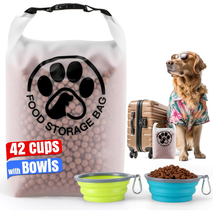 Контейнер для корму для тварин на 25 порцій з 2 складними мисками для подорожей – прозорий, з надійним роликовим закриттям, зберігає сухий корм свіжим для кемпінгу (42 чашки з мискою)