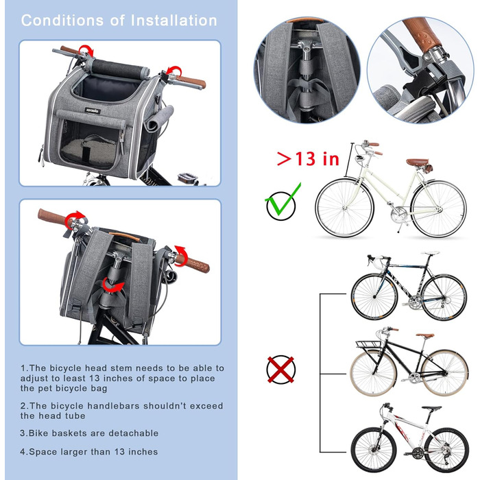 Корзина для собак на велосипед, розширювана, м'яка, сірого кольору, з 4 відкритими дверцятами та 4 сітчастими вікнами для маленьких собак та котів