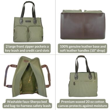 Сумка-переноска для собак DJANGO - велика, оливковий, waxed canvas та шкіра. Безпечний поводок-кріплення та кишені на блискавці