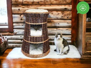 Корзина для котів для сну - котяча хатинка для дому - розмір 43 x 49 x 70 см, кругла - котяча печера з лози, трирівневе ліжко для собак або котів з пральним подушками в кольорі слонова кістка - лакована корзина з бежевими подушками