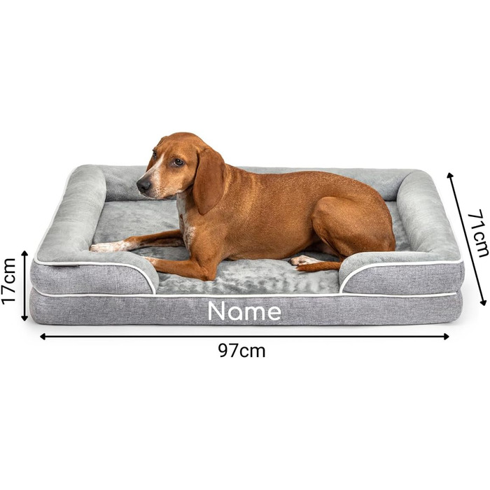 Ортопедичне ліжко для собак Lionto з піднятим бортиком, 89x63x17 см, міцне собаче ліжко з м'яким фланелевим наповнювачем, знімний та пральний чохол, нековзне, для малих та великих собак + котів, сіре (з нанесенням імені)