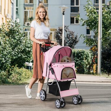 Собачий візок SOARS для собак до 15 кг, розкладний, з сітчастими віконцями, тримачем для напоїв та кошиком для зберігання, для маленьких тварин (Рожевий)