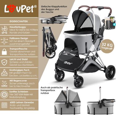 Lovpet 3-в-1 візок для собак і котів до 20 кг, складаний, великі колеса, сітчасті вікна, дощовик, тримач для напоїв, м'яка підстилка, транспортувальна сумка, універсальний для домашніх тварин