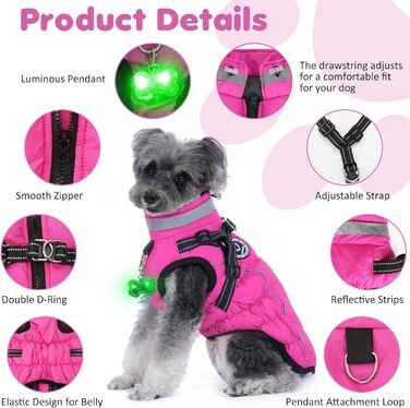 Зимовий одяг для собак, теплий водонепроникний одяг для собак з шлейкою, світловідбиваючі смуги, LED-ошийник, зимові куртки та одяг для маленьких та середніх собак, рожевий, розмір S