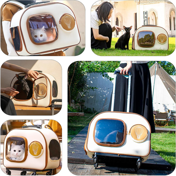 PETCUTE Рюкзак-переноска для собак та котів з колесами, складаний, з внутрішнім страхувальним ремінцем, дихаючий, для маленьких собак та середніх котів, бежевий