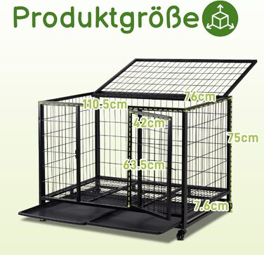Міцна переносна переноска для собак, 109x76x87 см, 2 дверцята, фіксуючі колеса, знімний піддон – для середніх та великих собак – чорна