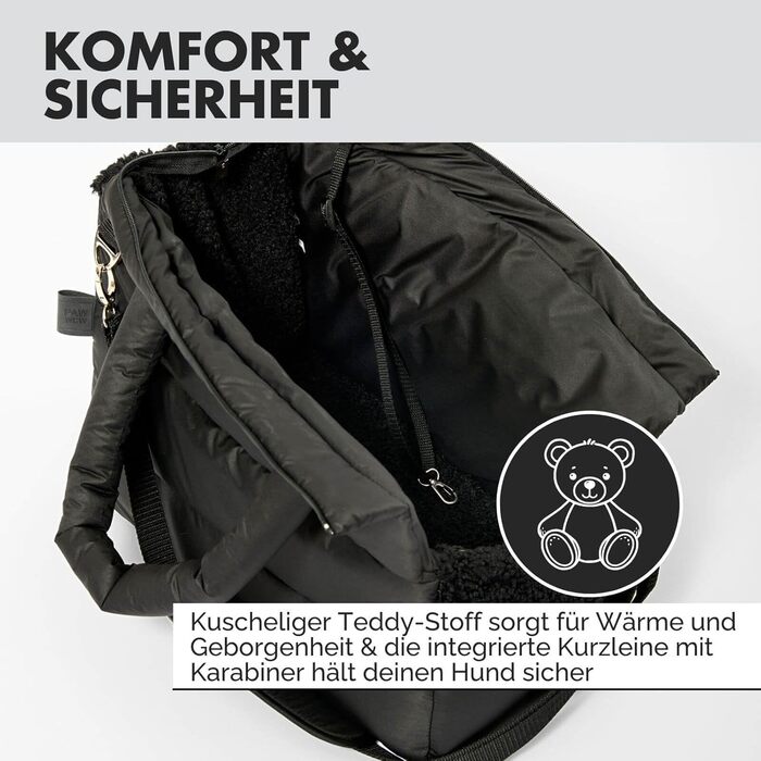 PAW WOW переносна сумка для собак SARA | стильна переноска для маленьких собак | водо- та вітростійка | з підкладкою з тедді, регульований плечовий ремінь, зовнішня кишеня (Чорний)