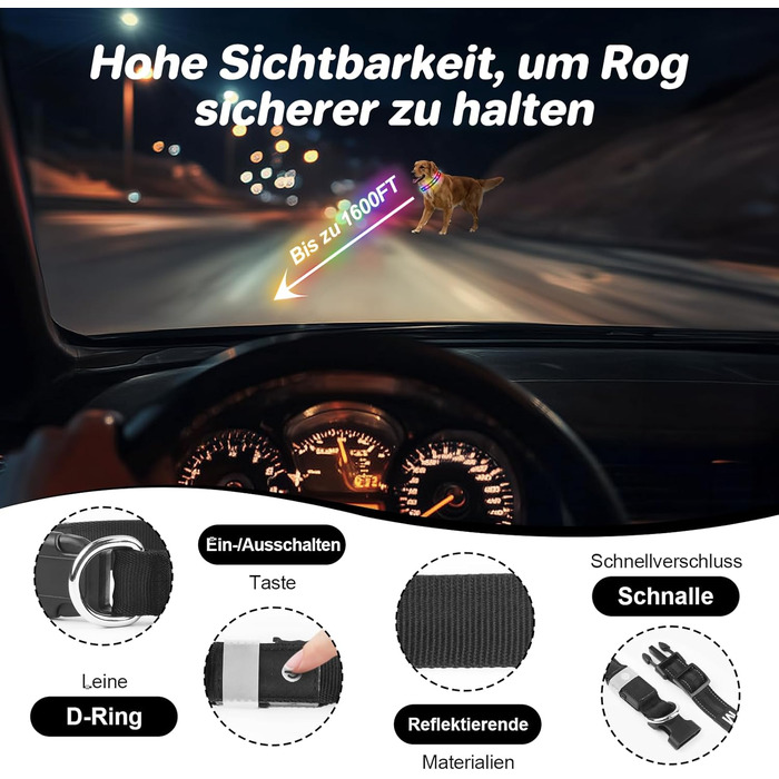 Світлодіодна нашийник для собак Feycig з USB зарядкою - водонепроникний, регульований, 3 режими, для малих, середніх та великих собак (Чорний, L(48-60см))