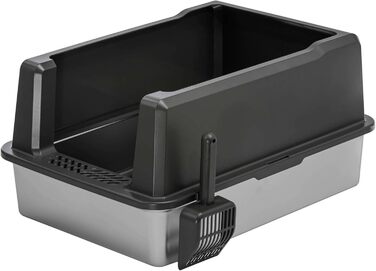 Котів туалет XXL з нержавіючою сталлю та бортиком 71 x 50,5 x 35 см Сірий-Сріблястий (з лопаткою)