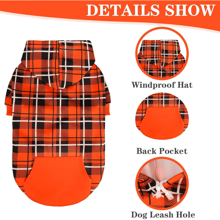 Пуловер з капюшоном для собак EXPAWLORER у клітинку, британський стиль, теплий собачий пуловер з отвором для повідка, одяг для пітбулів, зимова куртка для всіх порід, цуценят, дівчаток, хлопчиків, котів, Рожевий (XX-Large, Помаранчевий/Західний (Sunset Ch