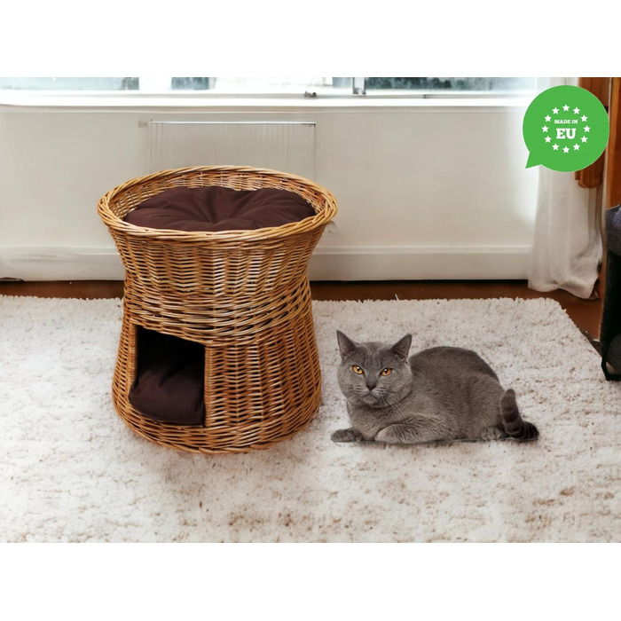 Кошик-будиночок для котів з лози, двоповерхове ліжко для котів і собак, діаметр 47 см, натуральна вербова хата з коричневими подушками, для дому