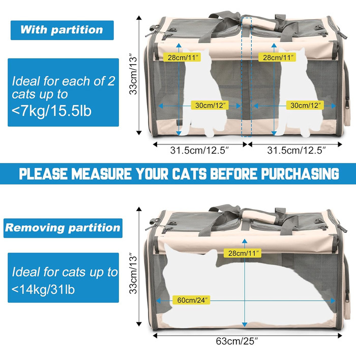 Переноска для котів велика, для 2 котів, складна, на колесах, знімні відділи, з іграшкою-пір'ям та ремінком, бежева