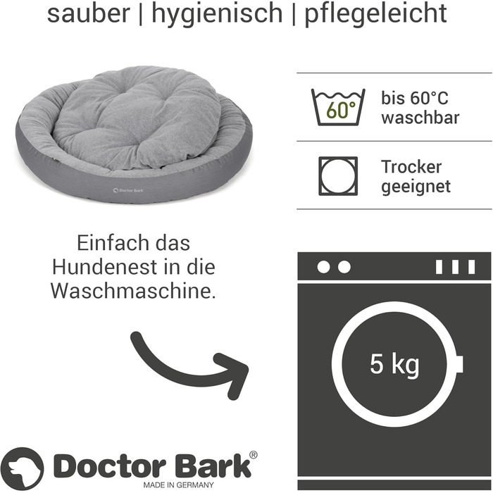 Кругле лежанка для собак великих порід Doctor Bark GreenLabel, 70x60 см, світло-сірий, з м'яким флісовим/бавовняним подушкою