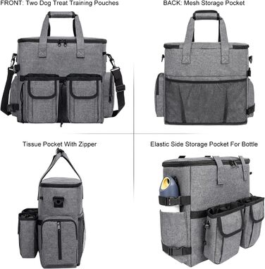Сумка-переноска для собак Modoker, схвалена авіакомпаніями, органайзер для домашніх тварин з плечовим ременем, 2 контейнери для корму для собак, 2 складні миски для собак, темно-сірий