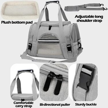 Транспортна сумка для тварин, сіра, 44x25x28 см, з плюшевою подушкою, переноска для кота/собаки, портативна, на блискавці