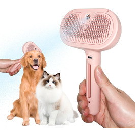 3-в-1 Парова щітка для котів та собак - видалення шерсті, гребінець з функцією швидкого вивільнення & водяний спрей, щітка для боротьби з випаданням шерсті, для довгої та короткої шерсті (Рожевий)