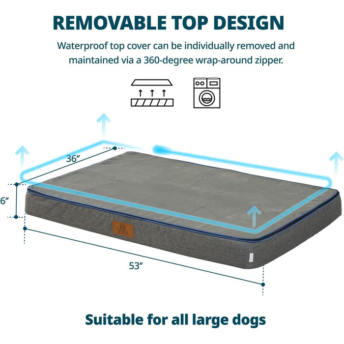 Ортопедичне ліжко для собак з Memory Foam, 15.2 см товщиною, для великих собак, водонепроникне, знімний, пране, з блискавкою, преміум комфорт та легкість у догляді, сіре, 135 x 91 x 15 см