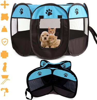 Клітка-забіг для цуценят та тварин, 74x74x43 см. Клітка-вольєр для собак, котів, кроликів та дрібних тварин для використання в приміщенні та на вулиці (Рожева) (Синій восьмигранний)